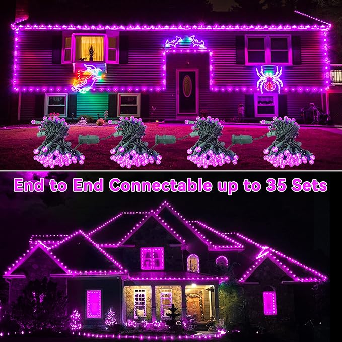 Brizled Purple Halloween Lights, 24.67ft 70 LED G12 Halloween String Lights, 120V Plugin Connectable Halloween Lights Green Wire Purple Lights for Halloween Christmas Tree Room Outdoor Indoor Decor