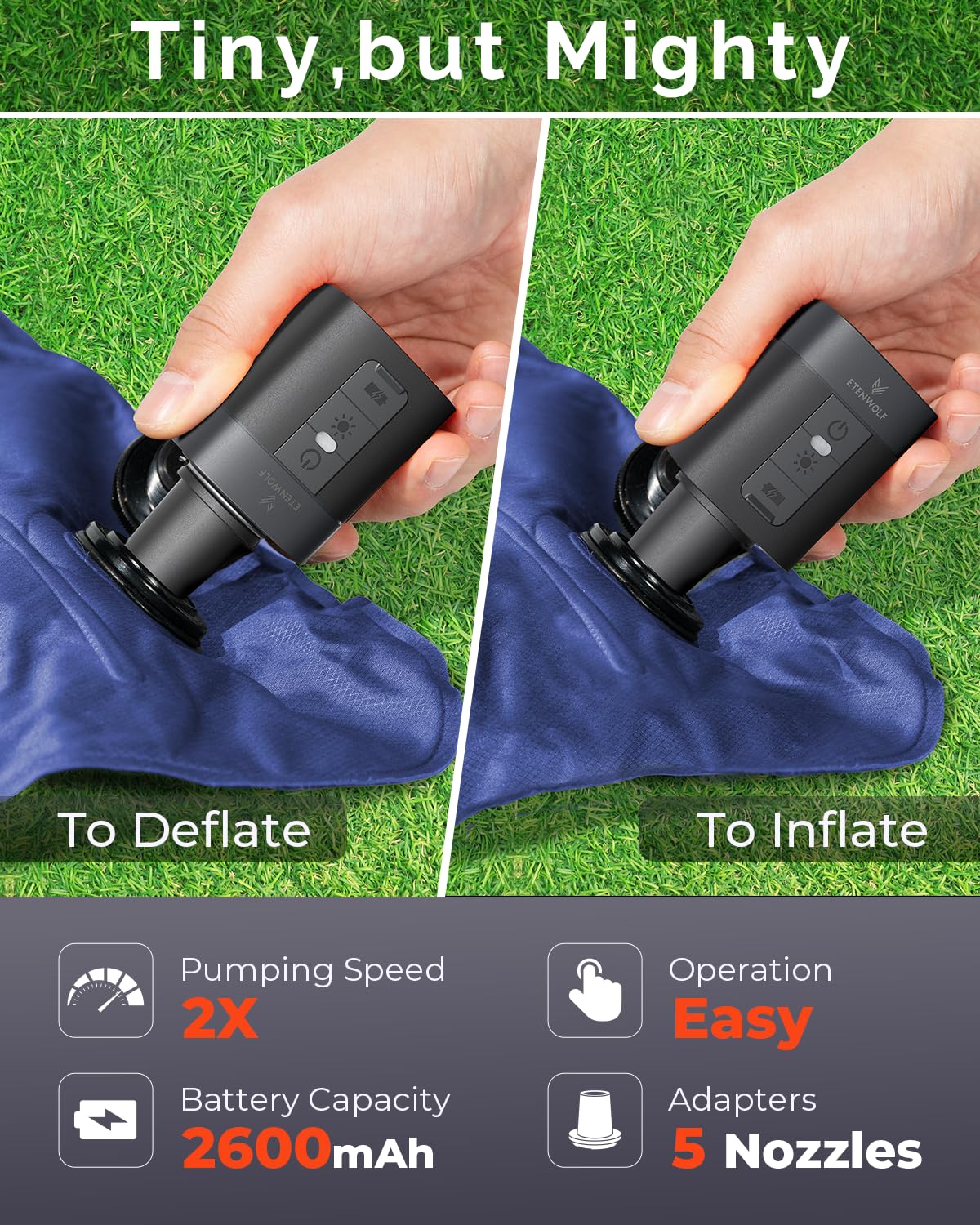 ETENWOLF AIR 3 Air Pump for Inflatables with 2600 mAh Battery & Camping Light, Ultra-Fast and Mini Electric Air Pump, Inflate Deflate for Air Mattress, Pool Floats, Vacuum Storage Bags