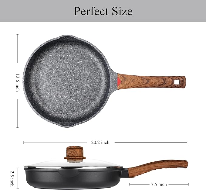 Vinchef 12.5" Non Stick Frying Pans, Skillet with Lid Used for All Stoves, Induction Non Toxic Cookware, Cooking Pans Nonstick Capable of Kitchen