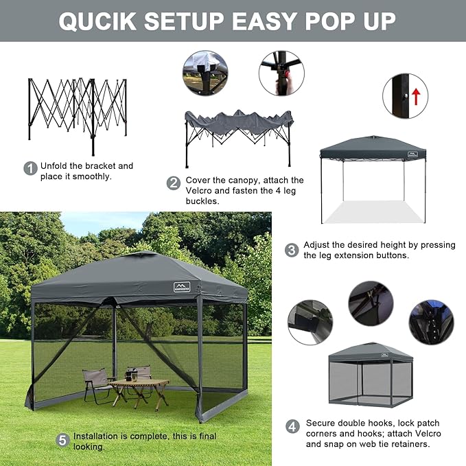 KAMPKEEPER 10x10 Pop Up Canopy with Mosquito Netting,Instant Outdoor Screen Tent Sun Shade for Events Patio Camping Picnic,Gazebo with 4 Sandbags,1 Wheeled Bag(Dark Grey)