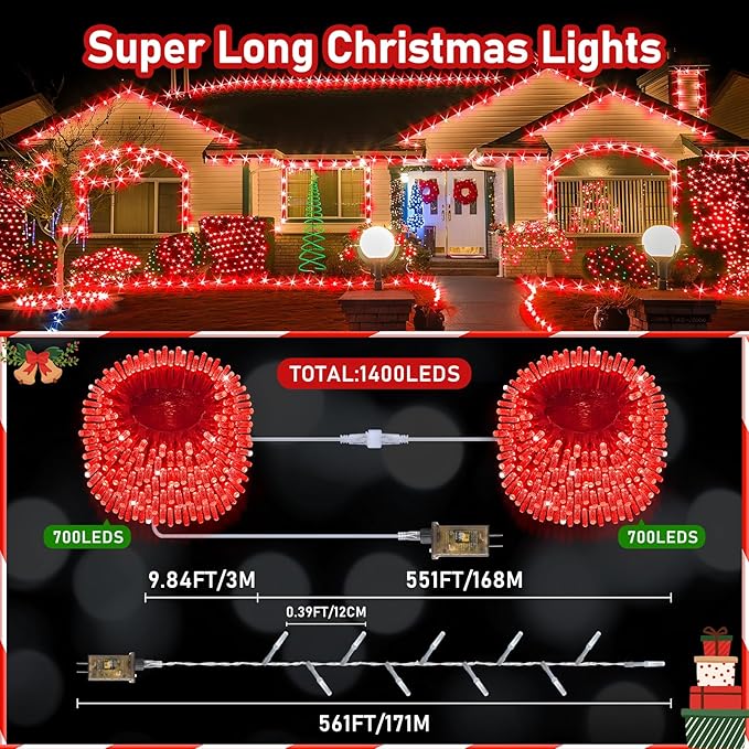 XURISEN Upgraded 561FT 1400 LED Christmas Lights Outdoor, Super Long String Lights 8 Modes & Memory Timer Plug in Fairy Lights for Home Xmas Tree Party Wedding Decor -Red