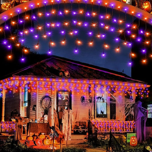 Outdoor Halloween Lights, Waterproof 53FT 486 LED Hanging String Lights with 108 Drops, 8 Modes Timer, Connectable Plug-in Outside Lights for Party Eaves Yard Decorations, Purple and Orange