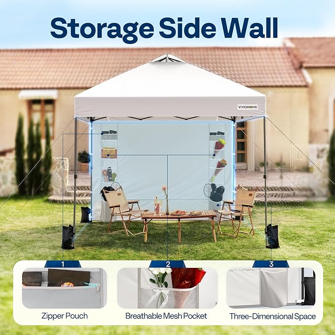 VIVOHOME 8x8ft Pop Up Canopy Tent with Sidewall and 6 Pockets, One Push Setup Outdoor Portable Shelter Tent Heavy Duty with Wheel Carry Bag and 4 Sandbags, White