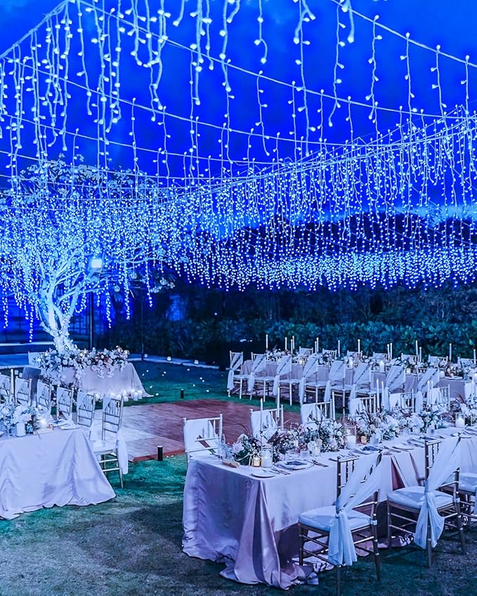159 FT Christmas Lights Outdoor, 1458 LED Waterproof Outside Plug-in, Timer & Memory, 8 Modes Fairy Lights With 324 Drops for House Eaves Yard Patio Wedding Decorations, Blue