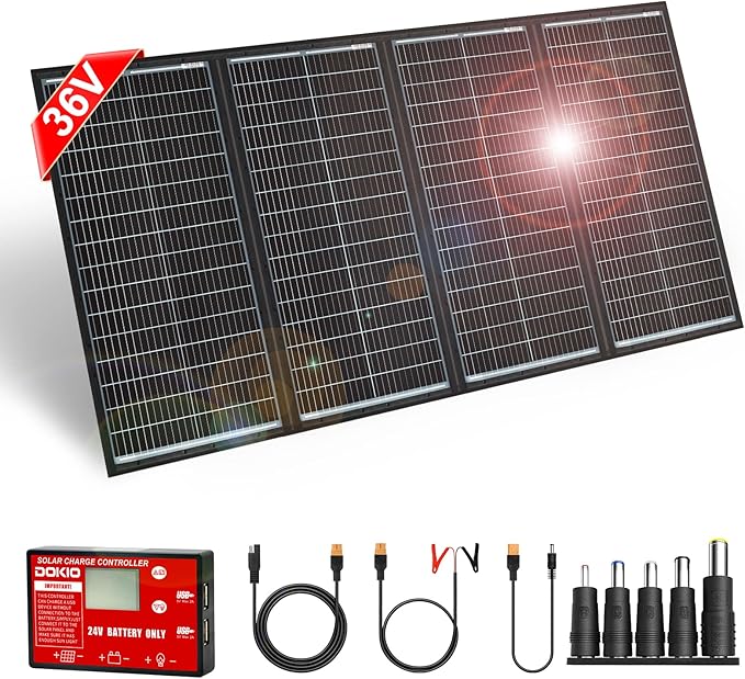 DOKIO 300W 36V Black Portable Solar Panels Kit Folding Solar Charger for 24v Batteries/Power Station AGM LiFePo4 RV Camping Trailer Car Marine………
