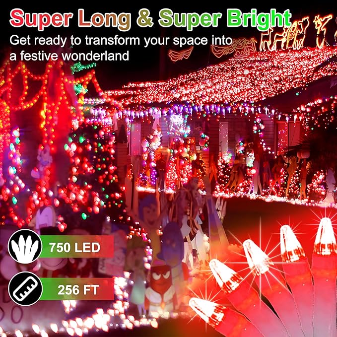 750 LED 256FT Christmas String Lights Outdoor, Christmas Light with 8 Lighting Modes& Timer & Memory, Plug in Outdoor Waterproof Clear Wire Twinkle Light for for Xmas Yard Tree Party Decor Red
