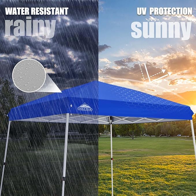 EAGLE PEAK 10x10 Slant Leg Outside Pop Up Canopy, Instant Outdoor Canopy Tent, 8x8 Top 10x10 Base Sun Shelter with Wheeled Carry Bag, Ropes and Stakes, Blue