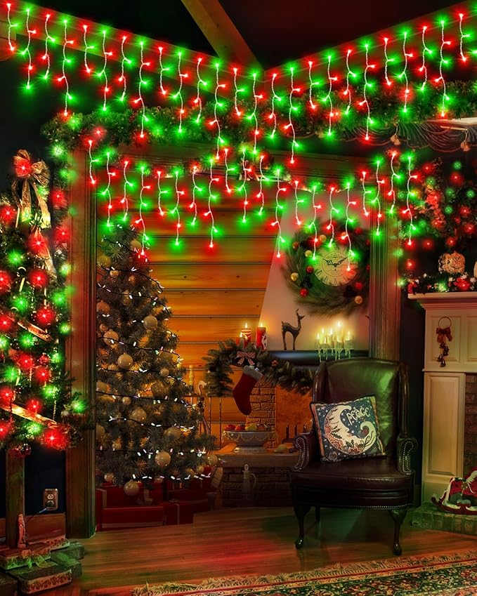 106 FT Christmas Lights Outdoor, 972 LED Waterproof Outside Christmas Lights Plug in, Connectable 8 Modes Hanging Fairy Lights with 216 Drops for House Eaves Yard Patio Decoration, Red and Green