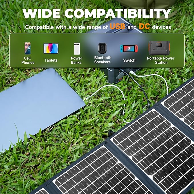 40W Foldable Solar Panel with USB-C PD 40W, 5V USB-A QC3.0, DC18-20V Ports, Folding Solar Panel for Traveling, Camping, Backpacking, Compatible with Phone, iPad, Power Station