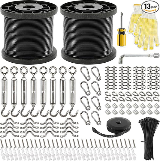 400 Ft String Light Hanging Kit Outdoor, Nylon Coated Stainless Steel 304 Wire Rope, String Light Kit Included Enough Accessories, Guide Wire for Outdoor String Lights, Patio Lights, Camping Lights
