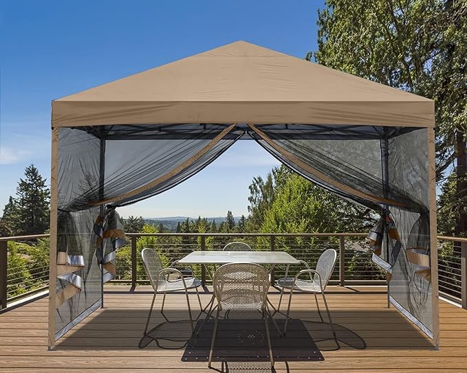 MASTERCANOPY Pop-Up Quick Setup Outdoor Canopy with Netting Screen Walls (10x10, Khaki)