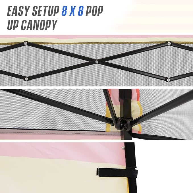 EAGLE PEAK 8x8 Pop Up Canopy Tent with Sidewall, Compact, Portable Slant Leg Instant Sun Shelter for Beach, Sports, & Camping, 8x8 Base 6x6 Top, Orange Yellow Stripe