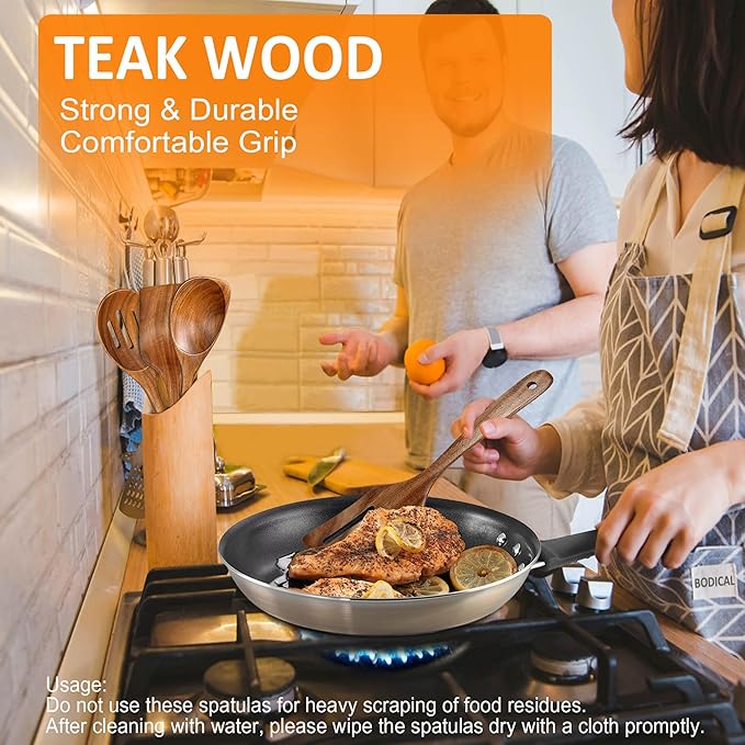Wooden Spoons for Cooking, Natural Premium 6 Piece Teak Wooden Cooking Utensils Set, Large Heat Resistant Wooden Spoons and Wooden Spatulas for Nonstick Cookware Cooking Gifts
