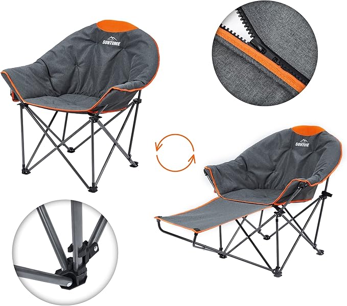 OUTDOOR LIVING SUNTIME Oversized Padded Moon Round Saucer Sofa Chair, Portable Folding Camping Chair, with Removable Footrest, Carry Bag - Orange