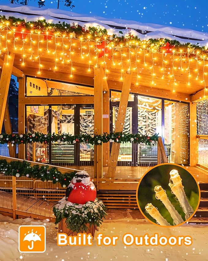 159 FT Christmas Lights Outdoor, 1458 LED Waterproof Outside Christmas Lights Plug in, Timer & Memory, 8 Modes Fairy Lights with 324 Drops for House Eaves Yard Patio Wedding Decorations, Warm White
