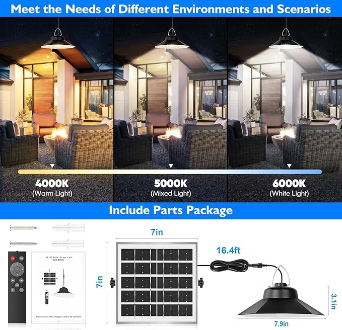Solar Shed Lights Indoor Outdoor, Motion Sensor Solar Pendant Light with Remote Control,Upgraded 5 Lighting Modes 1200LM IP65 Waterproof Dusk to Dawn Lamp for Garage Gazebo Barn(Single Lamp)