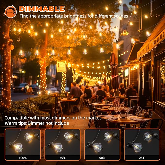 Kawaya Outdoor String Lights 48 FT LED Patio Lights with 24 Shatterproof Unique Diamond Edison Bulbs Warm White 2700K Dimmable IP65 Waterproof Outside Hanging Lights for Yard Porch Balcony Bistro Cafe