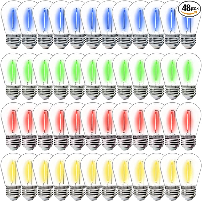 FLSNT 48 Pack S14 Colored LED String Light Bulbs, Waterproof Outdoor Replacement Bulbs, E26 Base, CRI80, Red/Green/Blue/Warm White