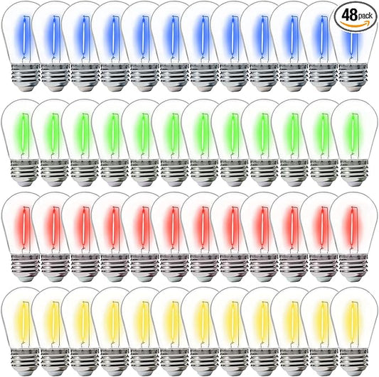 FLSNT 48 Pack S14 Colored LED String Light Bulbs, Waterproof Outdoor Replacement Bulbs, E26 Base, CRI80, Red/Green/Blue/Warm White