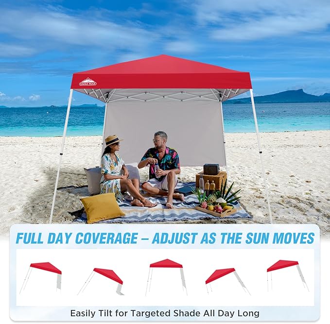 EAGLE PEAK 10x10 Pop Up Canopy Tent with Sidewall, Compact, Portable Slant Leg Instant Sun Shelter for Beach, Sports, & Camping, 10x10 Base 8x8 Top, Red
