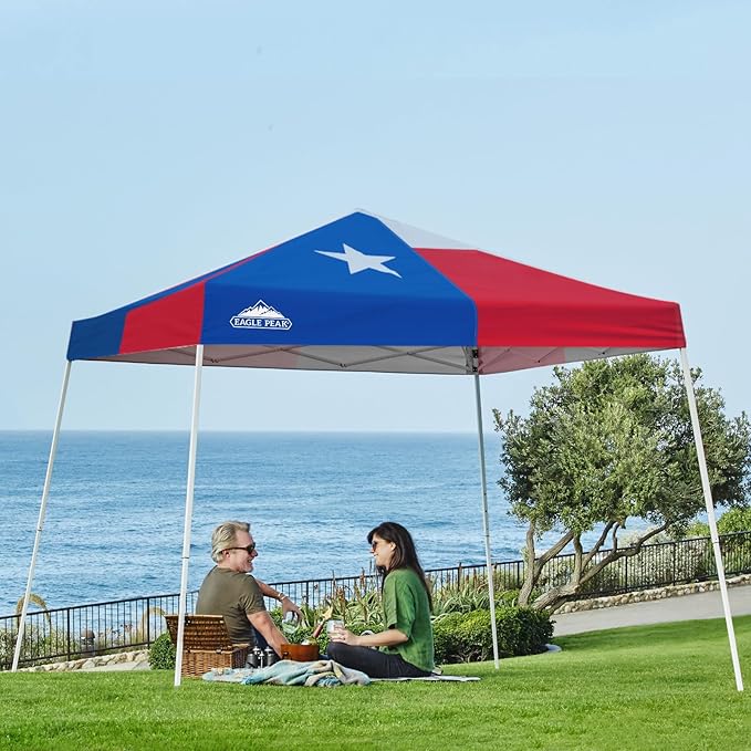 EAGLE PEAK 10x10 Slant Leg Pop-up Canopy Tent Easy One Person Setup Instant Outdoor Beach Canopy Folding Portable Sports Shelter 10x10 Base 8x8 Top (Texas Flag)
