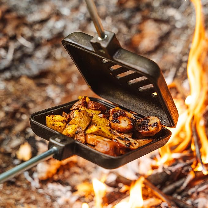 Coghlan's Pre-Seasoned Cast Iron Broiler with Removable Handles, Break-Apart Hinge – Ideal for Grilling Burgers, Steaks, and Roasting Vegetables Over Campfires or BBQs – Compact and Easy to Clean