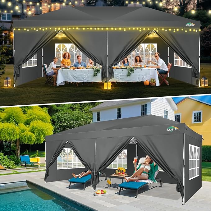 COBIZI 10x20 Pop Up Canopy Tent with 6 Removable Sidewalls,Waterproof & UV 50+ Easy Up Canopy,Commercial Gazebo with Air Vent,4 Sand Bags,4 Stakes & 8 Ropes,Tents for Parties/Camping/Backyard,Gray