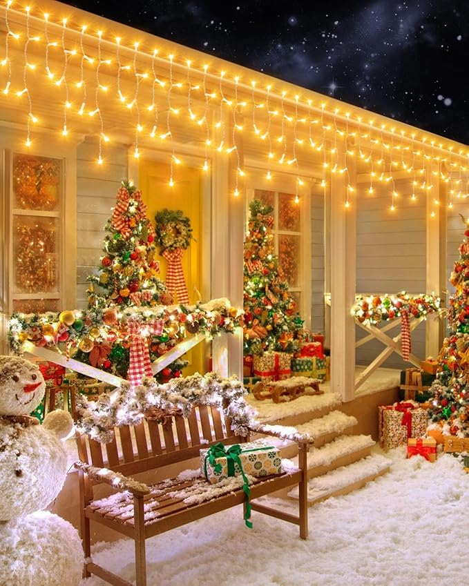 159 FT Christmas Lights Outdoor, 1458 LED Waterproof Outside Christmas Lights Plug in, Timer & Memory, 8 Modes Fairy Lights with 324 Drops for House Eaves Yard Patio Wedding Decorations, Warm White