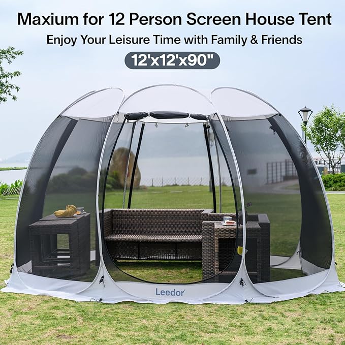 LEEDOR Pop Up Screen House, 6-10-15 Person Outdoor Screen Tent，Camping Screen Room with Carry Bag, Screened Gazebo with Mosquito Netting, Instant UV Resistant Sun Shelter for Garden, Patio, Backyard