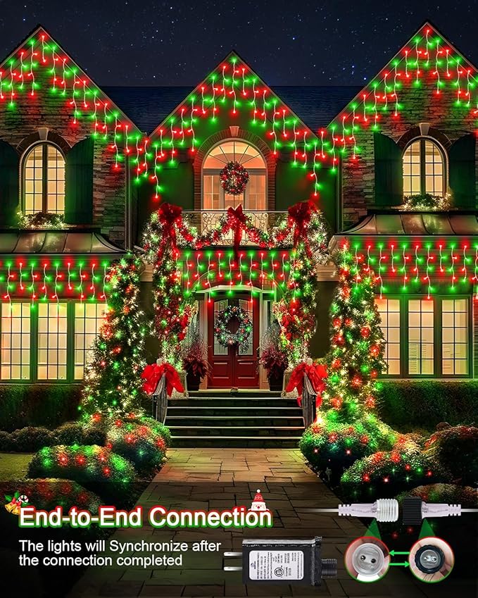 106 FT Christmas Lights Outdoor, 972 LED Waterproof Outside Christmas Lights Plug in, Connectable 8 Modes Hanging Fairy Lights with 216 Drops for House Eaves Yard Patio Decoration, Red and Green