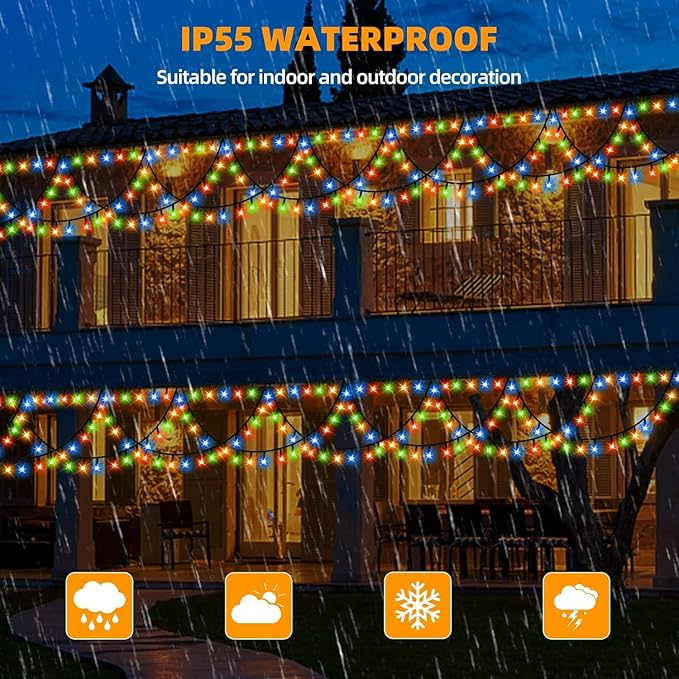 KAZOKU Christmas Lights Outdoor Indoor 40FT 380 LED Waterproof Christmas Tree Lights 8Modes Extendable Xmas Semicircle String Lights for Christmas Home Roof Eaves Garden Patio Yard Decor(Multicolor)