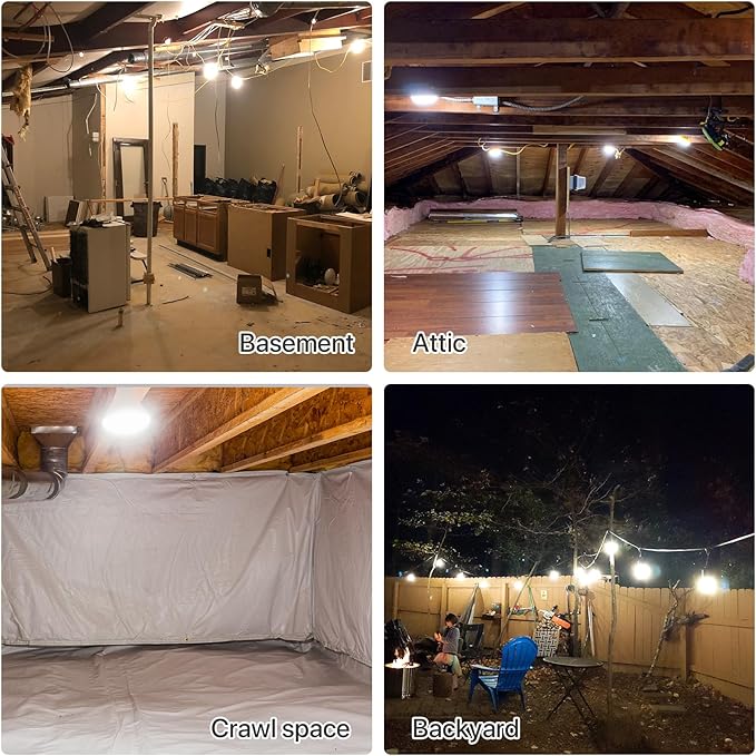 100FT Construction String Lights: 100W Led Construction String Lights with 5 Bulbs & Hooks, IP65 Attic Lighting 5000K Linkable Hanging Work Light for Crawlspace, Basement, Backyard
