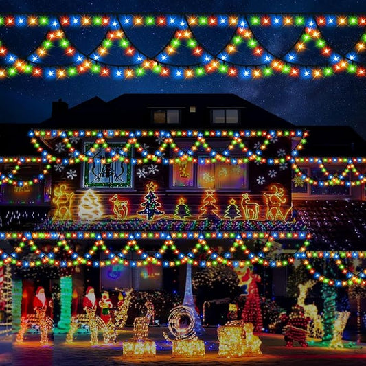 KAZOKU Christmas Lights Outdoor Indoor 40FT 380 LED Waterproof Christmas Tree Lights 8Modes Extendable Xmas Semicircle String Lights for Christmas Home Roof Eaves Garden Patio Yard Decor(Multicolor)