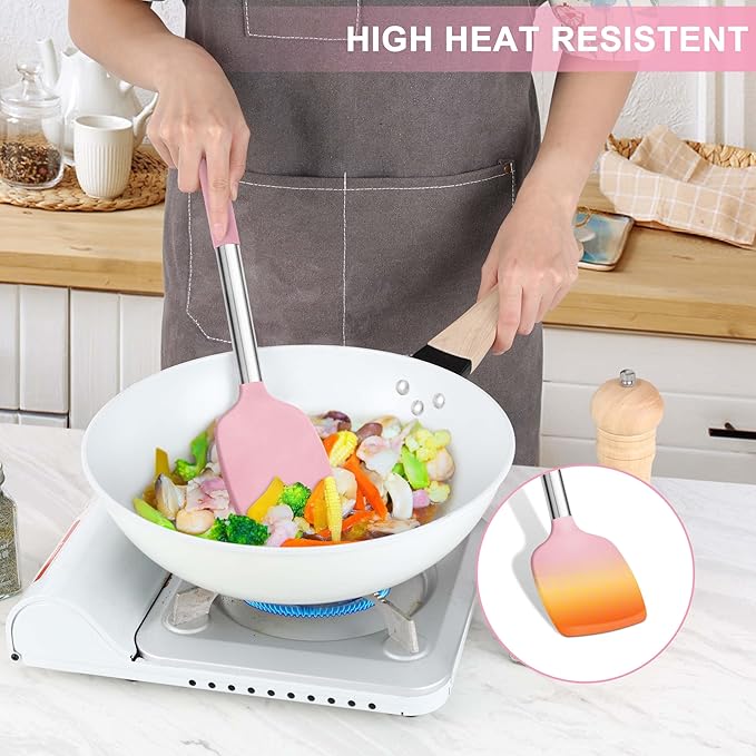 LIANYU 15 Piece Cooking Utensils Set with Stainless Steel Handle, Silicone Kitchen Gadgets with Holder, Heat Resistant Spatula Spoon Turner Tong Whisk Brush Tools for Cooking, Dishwasher Safe, Pink