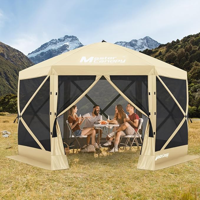 MASTERCANOPY 12x12FT Pop Up Gazebo Screen Tent - Instant Screen House with Netting, Quick Set, Outdoor Canopy Shelter with Carry Bag for Camping, Backyard & Patio (Beige)