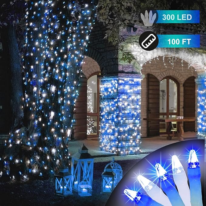 300LED 100FT Christmas String Lights, 8 Modes Fairy Lights Connectable, Indoor Outdoor String Lights with Timer & Memory for Christmas Tree Bedroom Yard Door Wedding Xmas Classroom Cool White & Blue