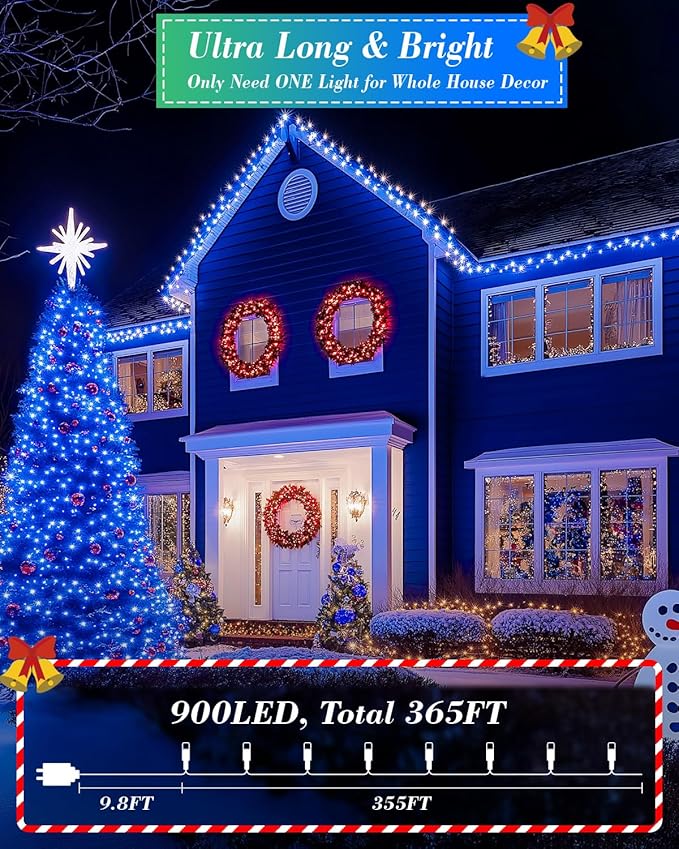 355FT 900 LED Christmas Lights, Extra Long Outdoor String Lights Waterproof, Timer & Memory, 8 Modes Dimmable Plug in Fairy Lights for Outside Tree Wedding Patry Holiday Decorations, Blue