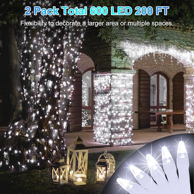 2 Pack Total 200FT 600 LED Christmas String Lights, Cool White Fairy Tree Lights Connectable, 8 Modes & Timer Indoor Outdoor String Lights for Bedroom Tree Yard Door Wedding Xmas Classroom Decor