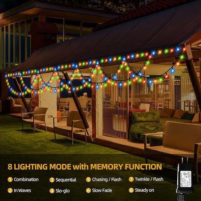 KAZOKU Christmas Lights Outdoor Indoor 40FT 380 LED Waterproof Christmas Tree Lights 8Modes Extendable Xmas Semicircle String Lights for Christmas Home Roof Eaves Garden Patio Yard Decor(Multicolor)