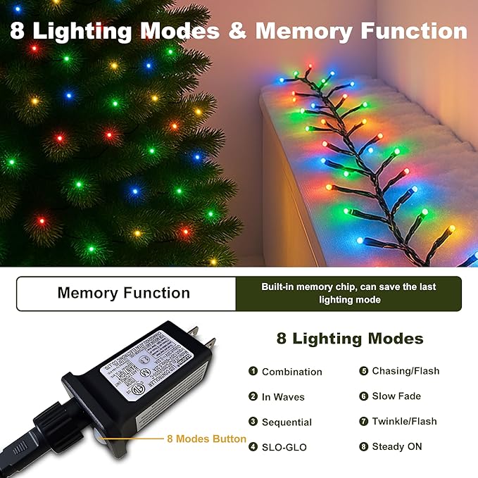 String Lights Outdoor & Indoor, 2Pack 600 LED Fairy Lights, 210ft Plug-in Waterproof Twinkle Light with 8 Modes for Christmas Tree Halloween Wedding Party Garden Patio Decorations(Multicolor)