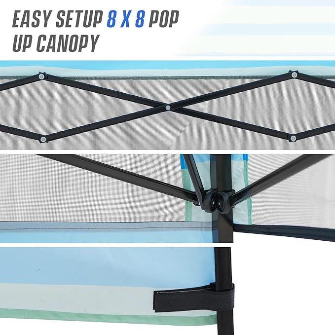 EAGLE PEAK 8x8 Pop Up Canopy Tent with Sidewall, Compact, Portable Slant Leg Instant Sun Shelter for Beach, Sports, & Camping, 8x8 Base 6x6 Top, Green Blue Stripe