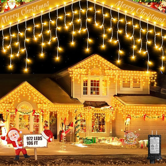 106 FT Christmas Lights Outdoor, 972 LED Waterproof Outside Christmas Lights Plug in, Connectable 8 Modes Hanging Fairy Lights with 216 Drops for House Eaves Yard Patio Wedding Decoration, Warm White