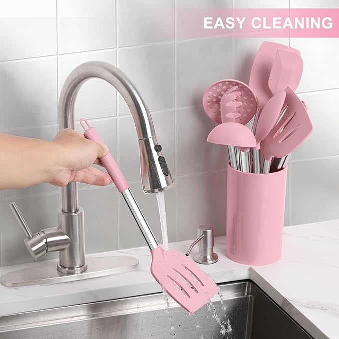 LIANYU 15 Piece Cooking Utensils Set with Stainless Steel Handle, Silicone Kitchen Gadgets with Holder, Heat Resistant Spatula Spoon Turner Tong Whisk Brush Tools for Cooking, Dishwasher Safe, Pink