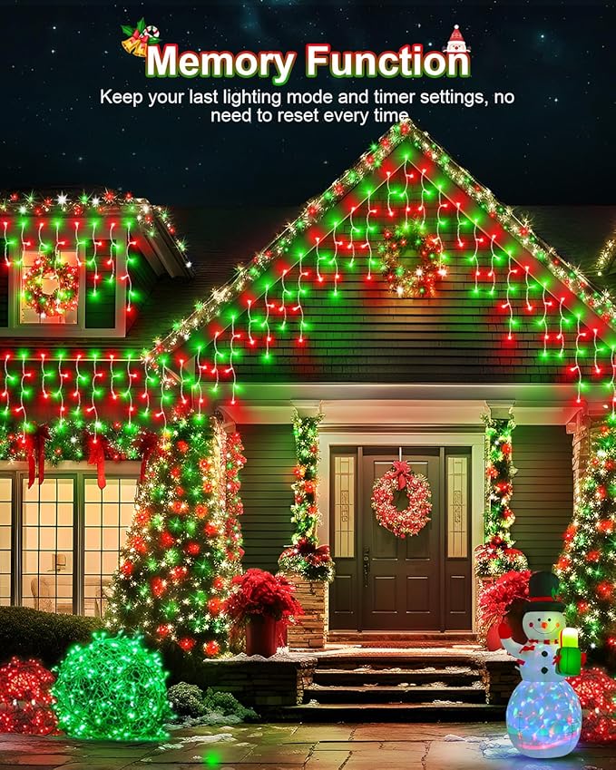 106 FT Christmas Lights Outdoor, 972 LED Waterproof Outside Christmas Lights Plug in, Connectable 8 Modes Hanging Fairy Lights with 216 Drops for House Eaves Yard Patio Decoration, Red and Green