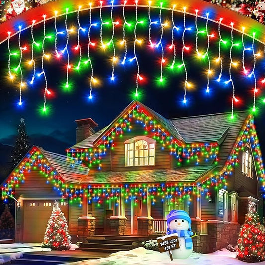 159 FT Christmas Lights Outdoor, 1458 LED Waterproof Outside Christmas Lights Plug in, Timer & Memory, 8 Modes Fairy Lights with 324 Drops for House Eaves Yard Patio Decorations, Multicolor