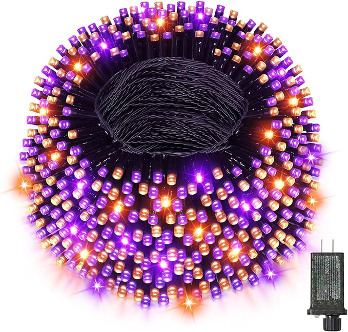 393 FT 1000 LED Halloween String Lights, Waterproof Outdoor String Lights Black Wire with 8 Modes, Timer & Memory, Plug-in Halloween Lights for Tree Outside Yard Garden Decor, Purple and Orange