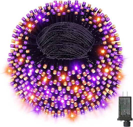393 FT 1000 LED Halloween String Lights, Waterproof Outdoor String Lights Black Wire with 8 Modes, Timer & Memory, Plug-in Halloween Lights for Tree Outside Yard Garden Decor, Purple and Orange