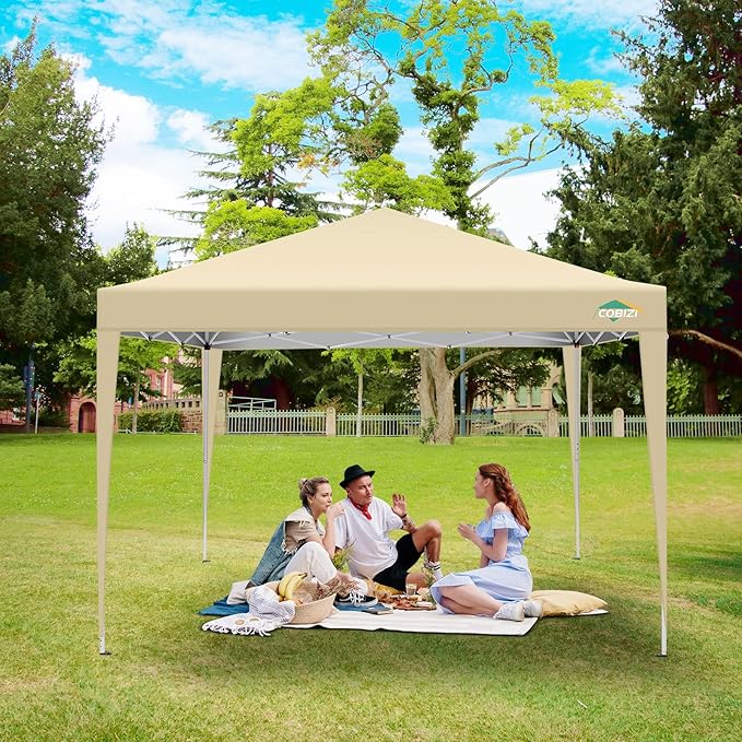COBIZI 10x10 Pop Up Canopy Tent with 4 Sidewalls,10x10 Easy Up Waterproof Canopy Tents for Parties Camping Exhibition, Outdoor Easy Set U Gazebo Tent with Carry Bag,8 Stakes & 4 Ropes(Khaki