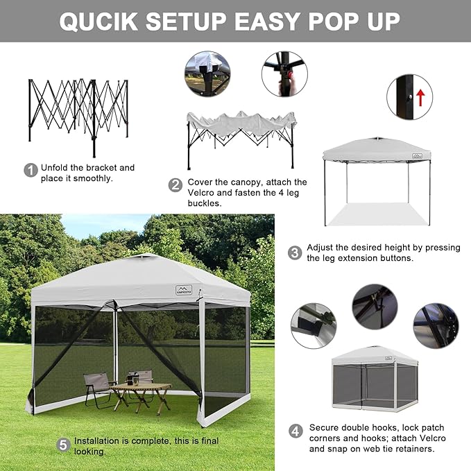 KAMPKEEPER 10x10 Pop Up Canopy with Mosquito Netting,Instant Outdoor Screen Tent Sun Shade for Events Patio Camping Picnic,Gazebo with 4 Sandbags,1 Wheeled Bag(White)
