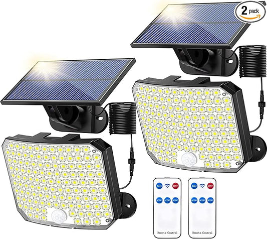 KERNOWO Solar Lights Outdoor, 118 LED Solar Motion Sensor Flood Lights with Remote, IP65 Waterproof Solar Powered Security Spot Lights with 16.5Ft Cable for Patio, Garage, Porch, Yard, 2 Pack